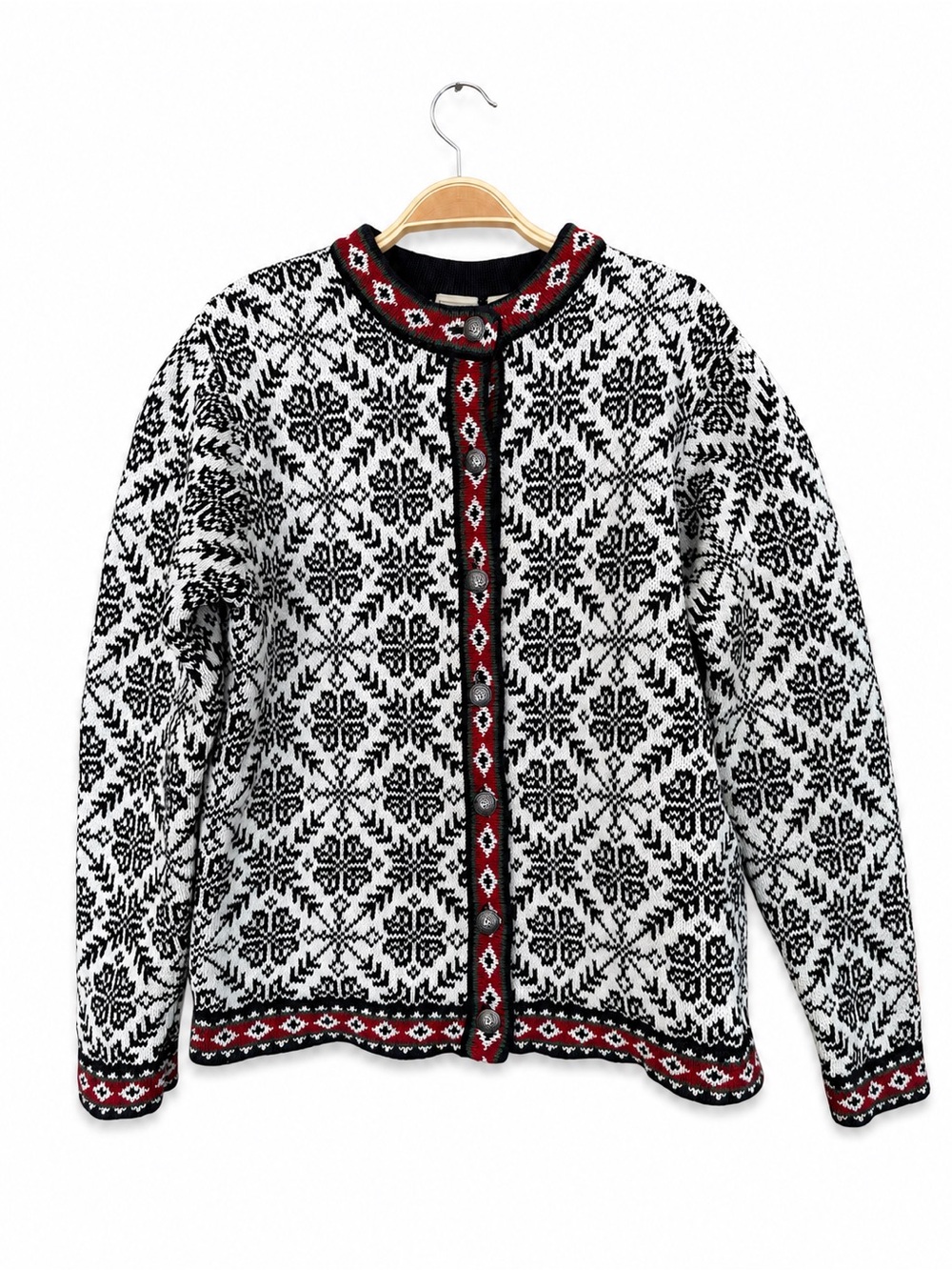L.L.Bean Women’s Large Nordic Fair Isle Cotton Cardigan Sweater Black White Red